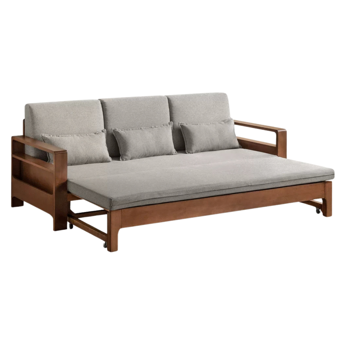 Oak, Beech Sofa Bed with Wood Frame and Side Storage Pocket