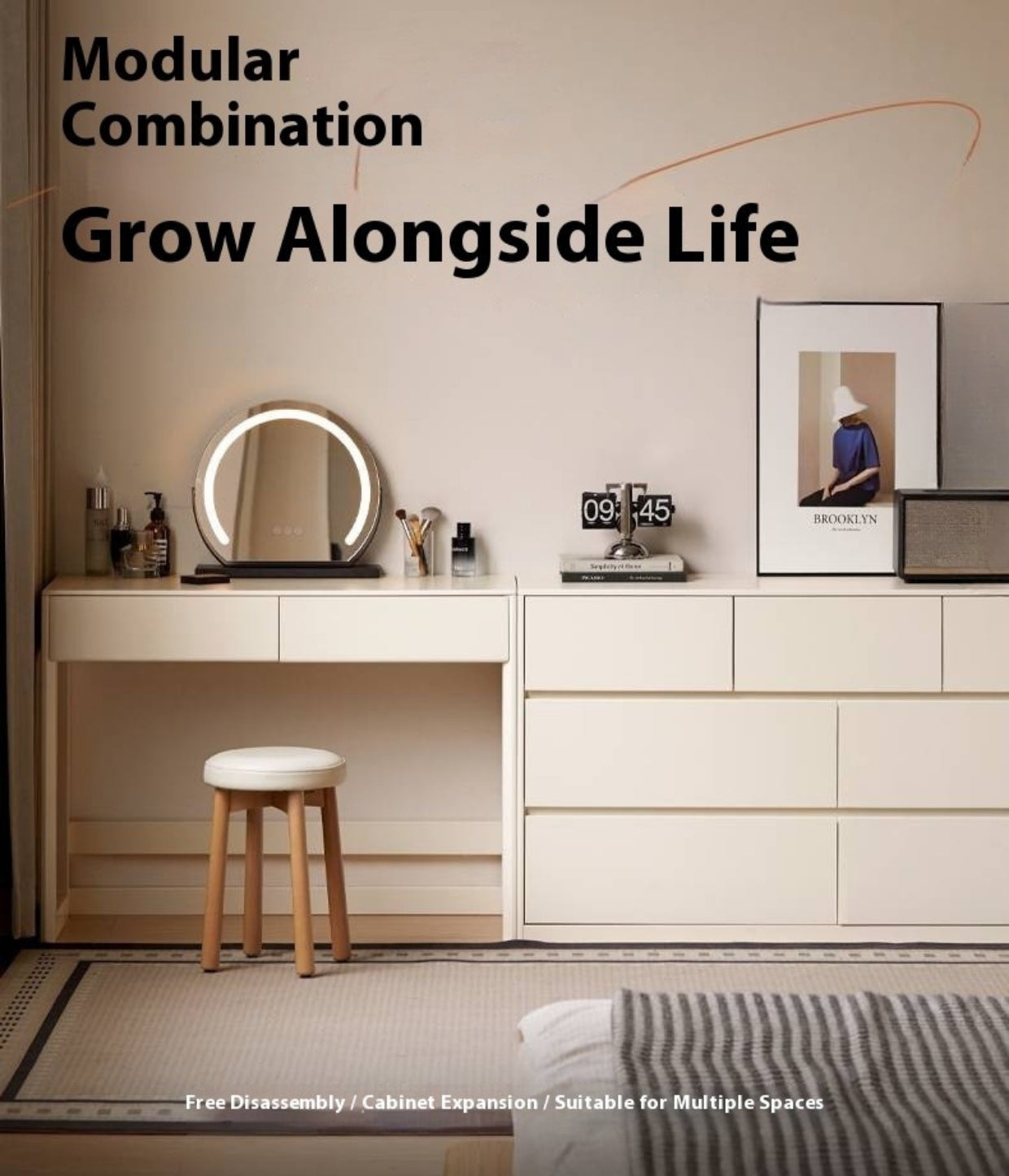 Solid Rubberwood White Cream Wind Vanity Table.