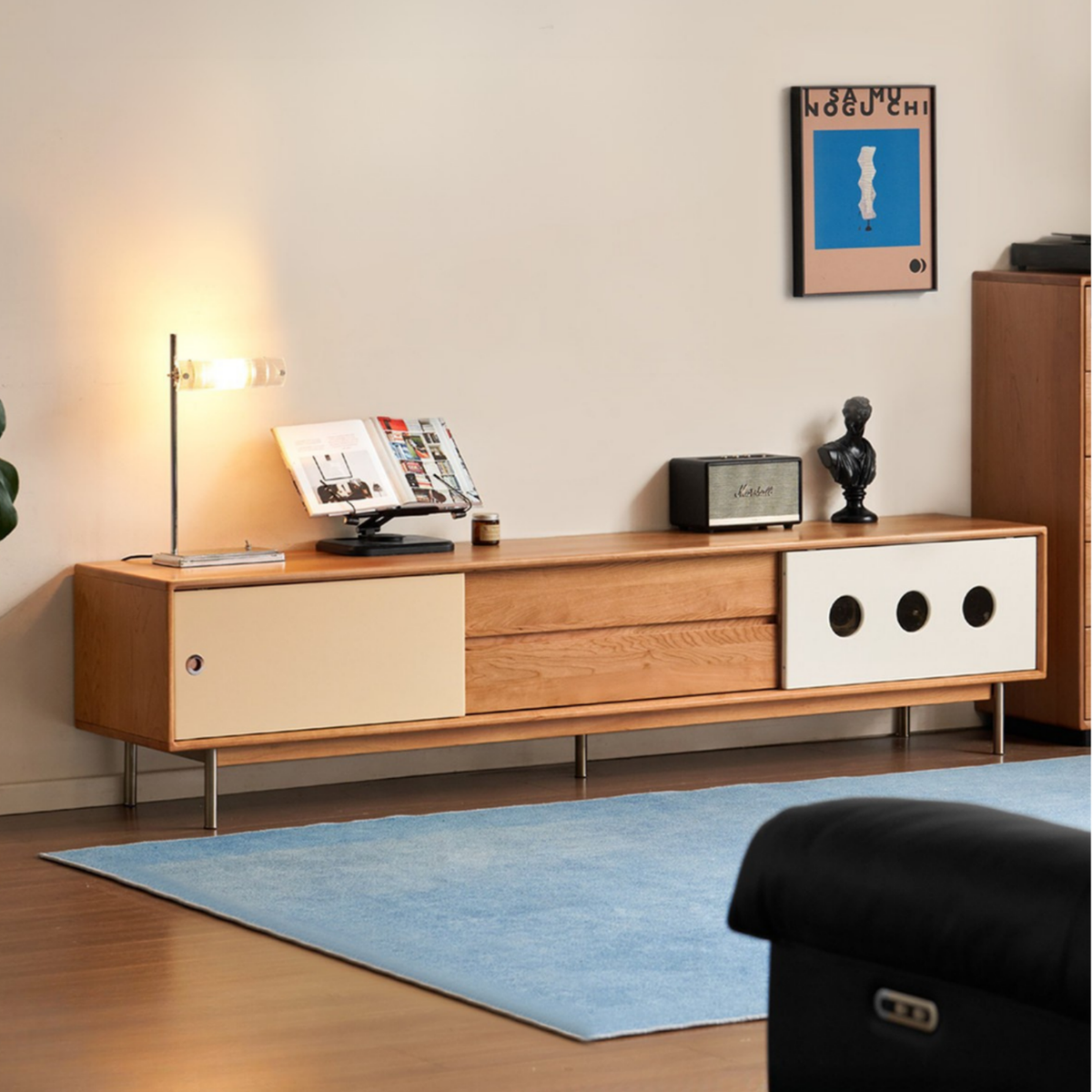 Cherry Solid Wood Bauhaus TV Stand with Color-Block Storage