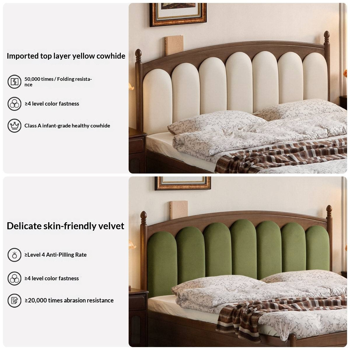 Black Walnut Solid Wood Box Bed — French Retro Style with Genuine Leather and Piano Key Design