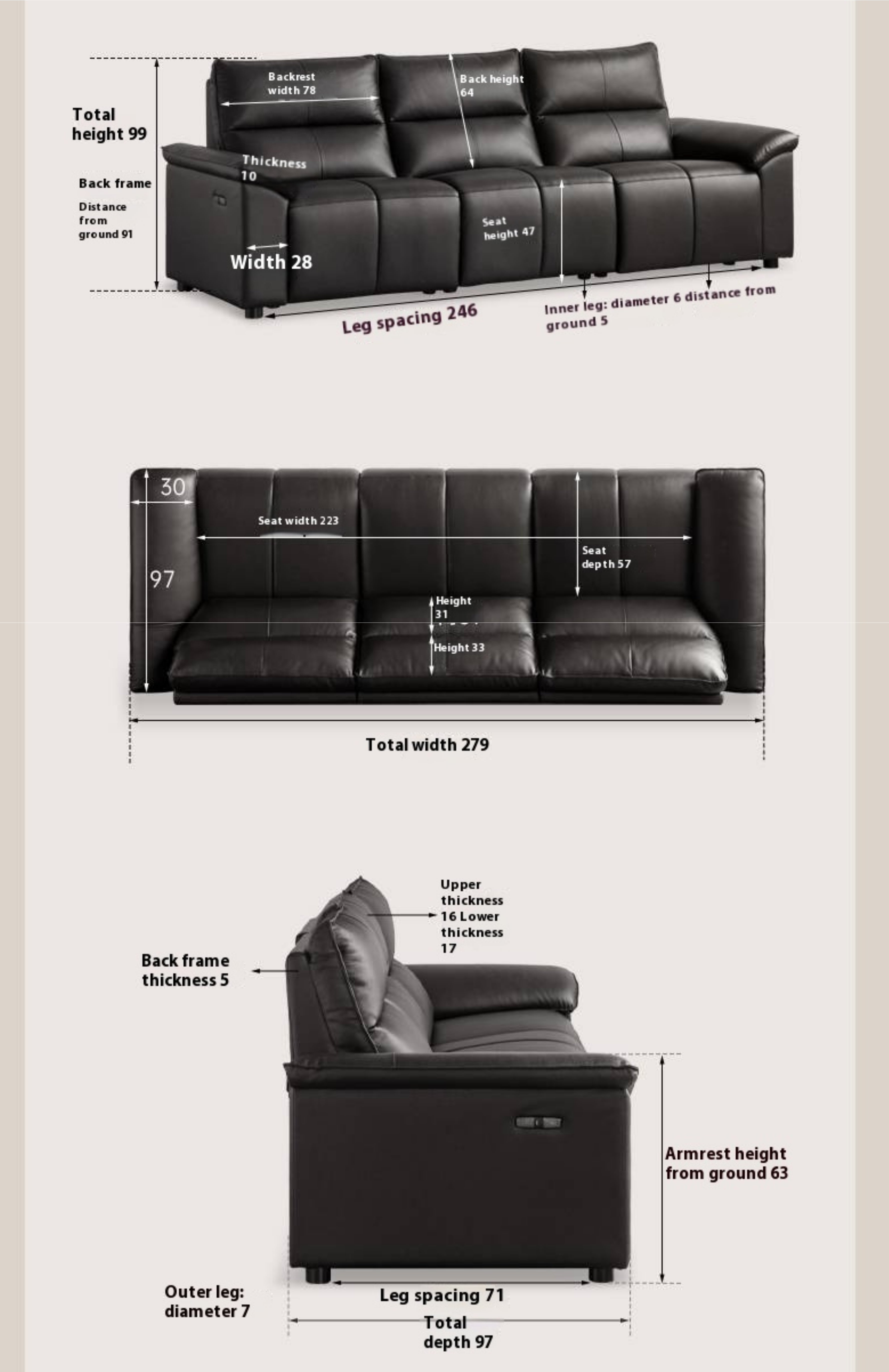 Genuine Leather Sofa Zero-Wall Electric Recliner with Extendable Function and Piano-Key Controls