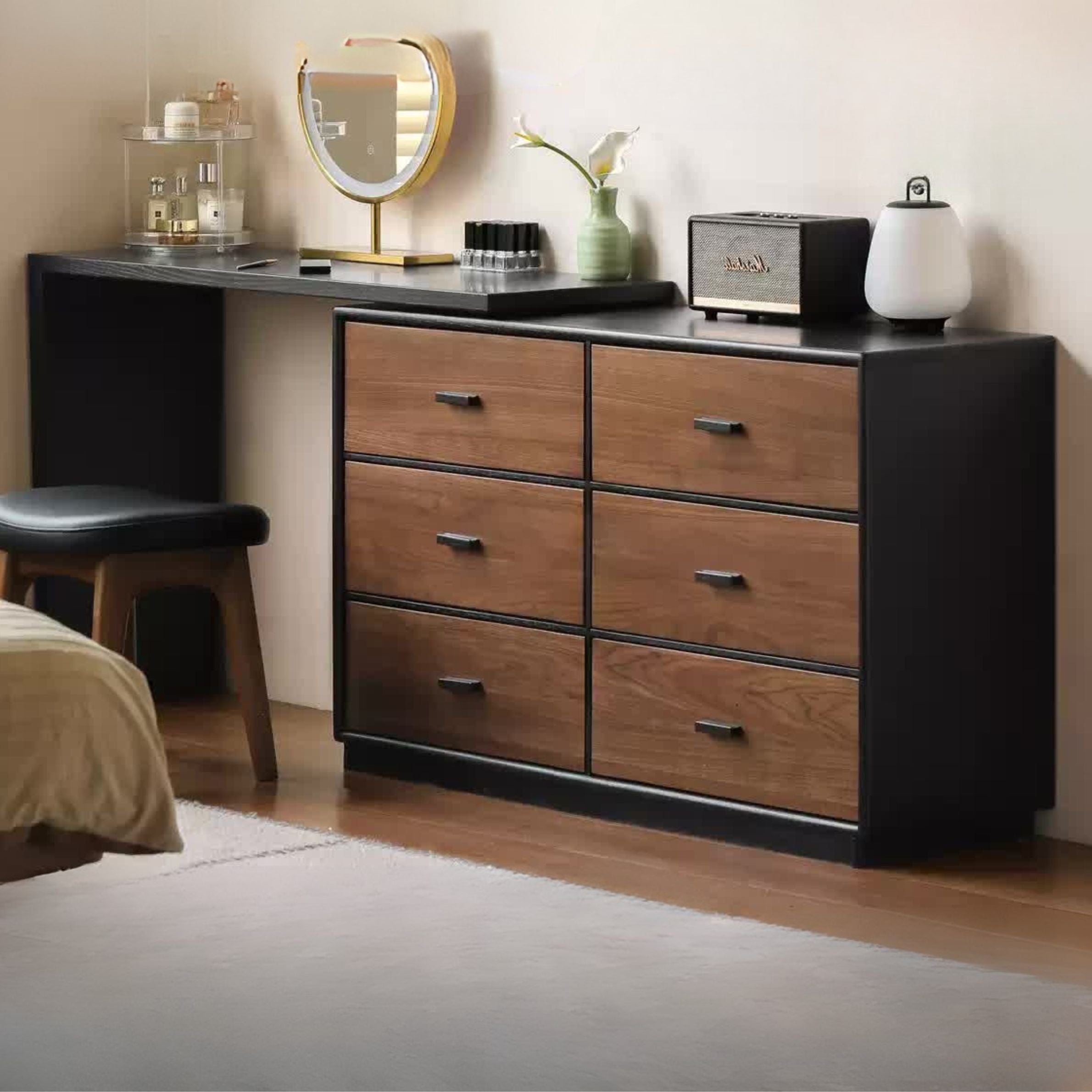 Black Walnut, Oak Solid Wood Italian Light Luxury Dressing Table.