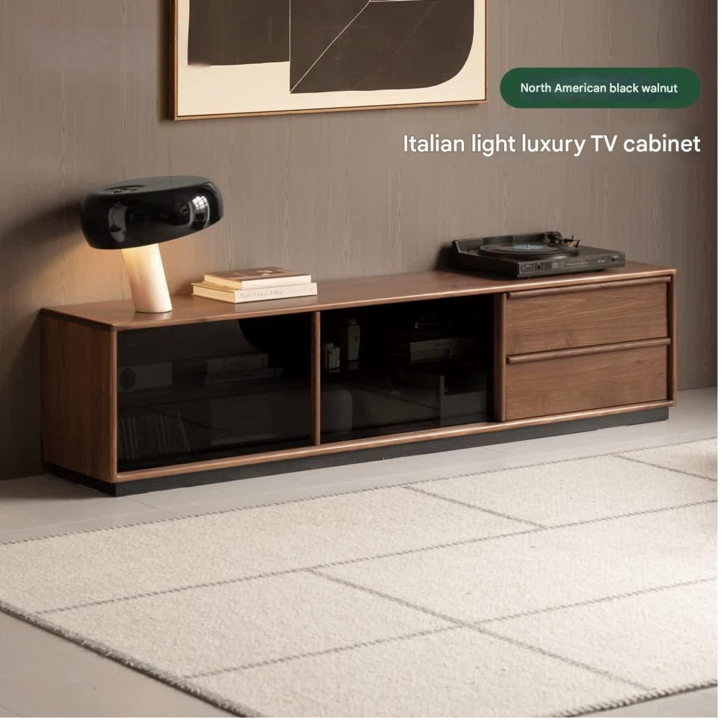 Black Walnut, Oak Solid Wood Italian Light Luxury Floor TV Cabinet.