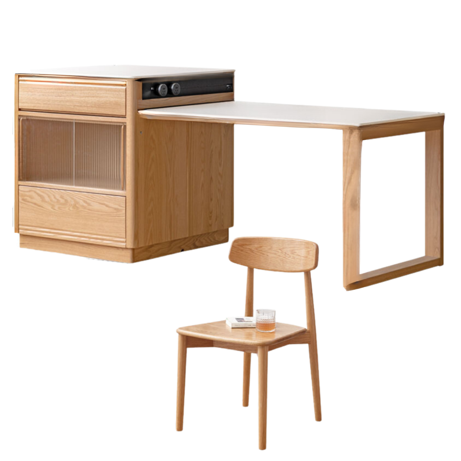 Oak Solid Wood Island + Table Integrated Retractable Rock Board