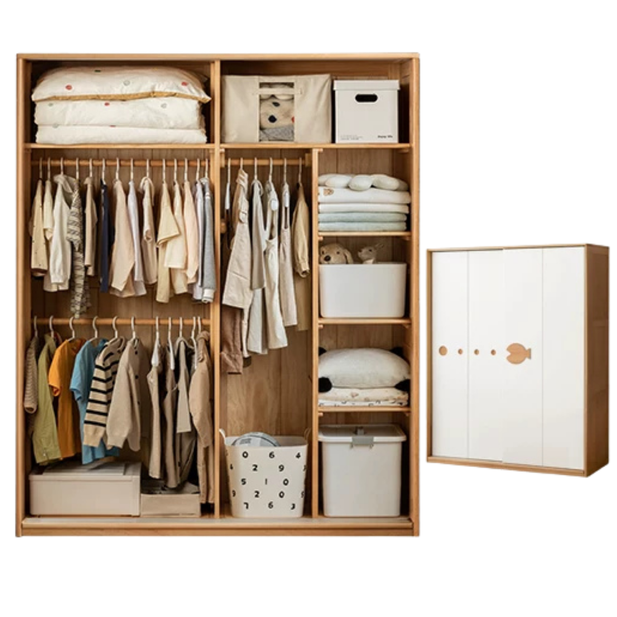 Beech Solid Wood Kids Sliding Door Wardrobe with Adjustable Shelves