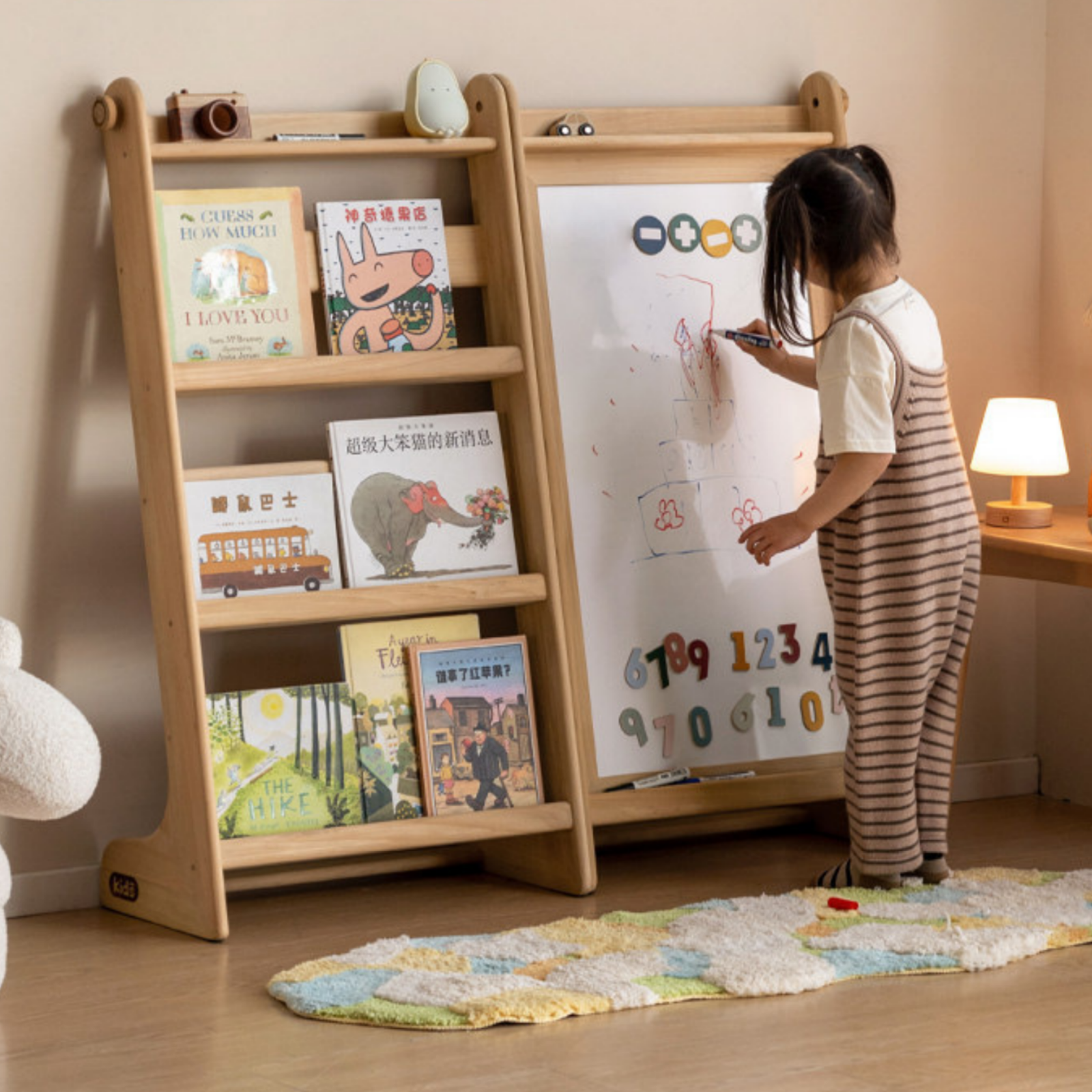 Poplar Solid Wood Children’s Bookcase with Drawing Board and Storage Shelf