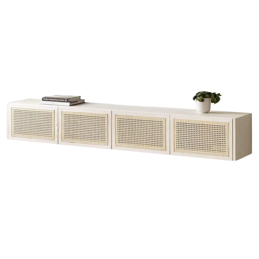 Ash Solid Wood Rattan TV Cabinet Cream Style LED Lights.