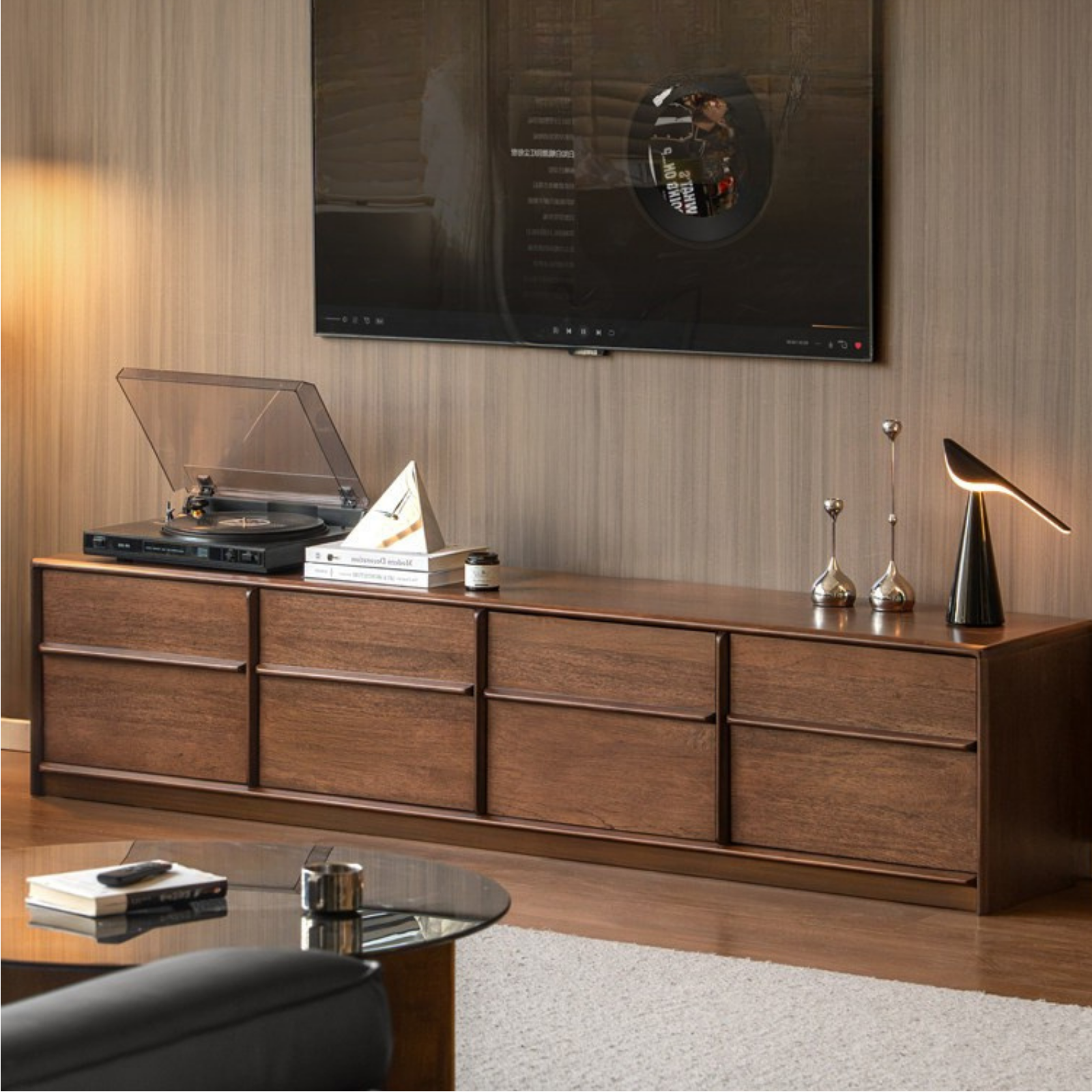 Sandalwood Solid Wood Low Profile TV Console with Fluted Panels