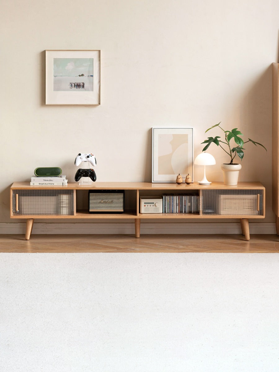 Oak, Rubber Solid wood TV Stand Glass Sliding Door