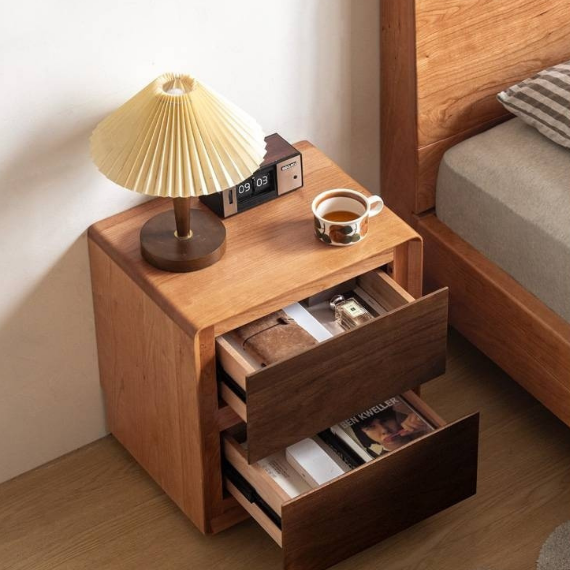 Cherry Solid Wood, Solid Rubberwood Nightstand