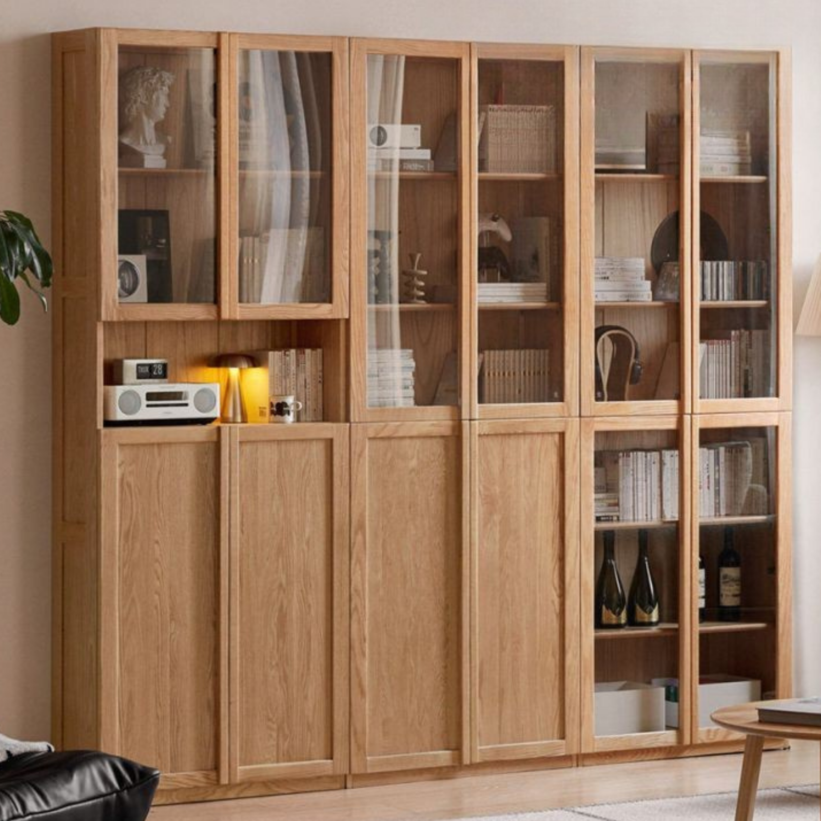 Oak Solid Wood Bookcase with Glass Doors, Large Oak Storage Cabinet for Living Room Display
