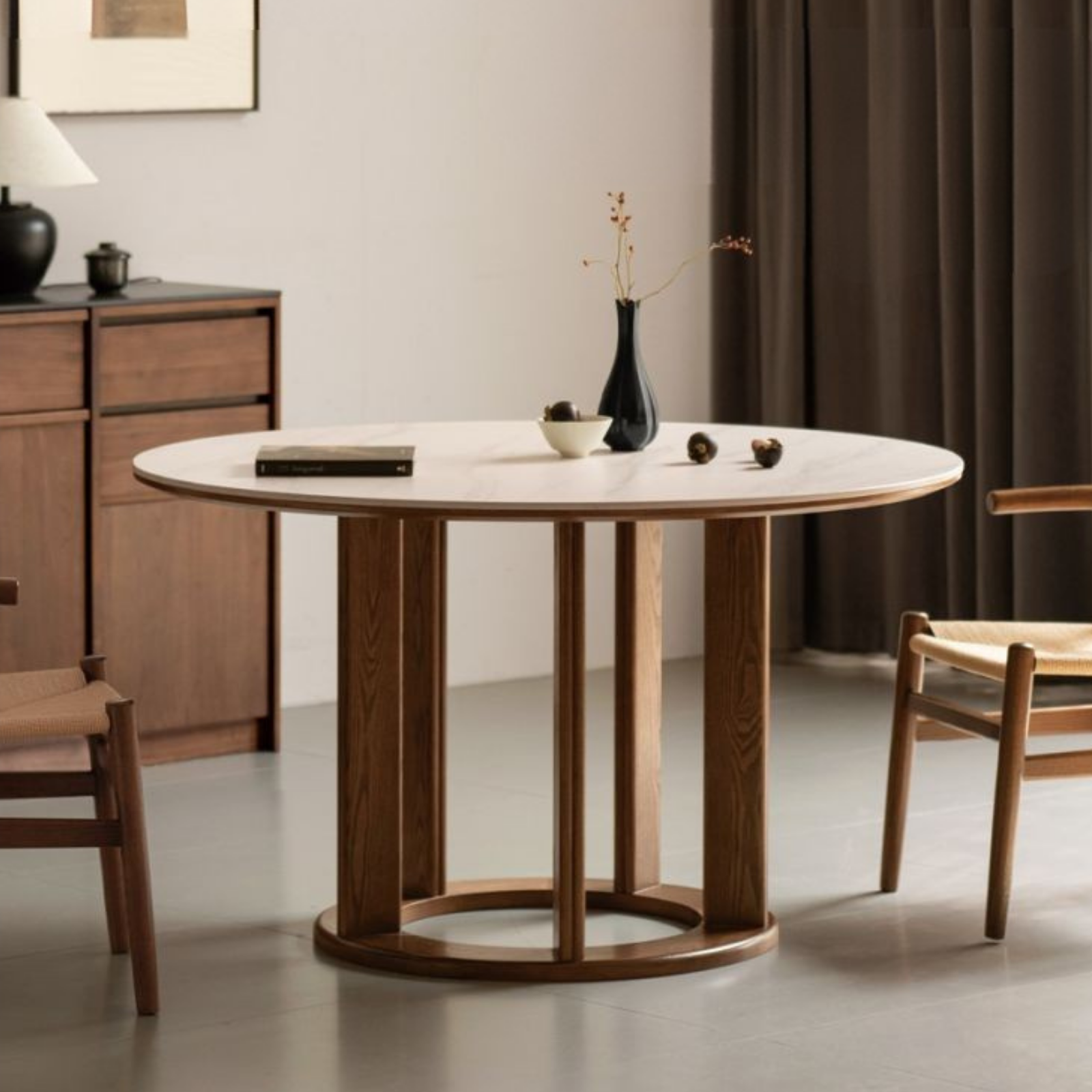 Ash Solid Wood Rock Plate Dining Table with Rotary Wheel