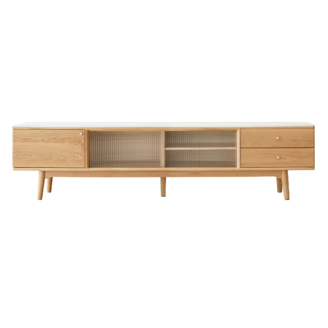 Oak, Poplar, Beech Solid Wood Sliding Door TV Stand With Rock Slab Surface.