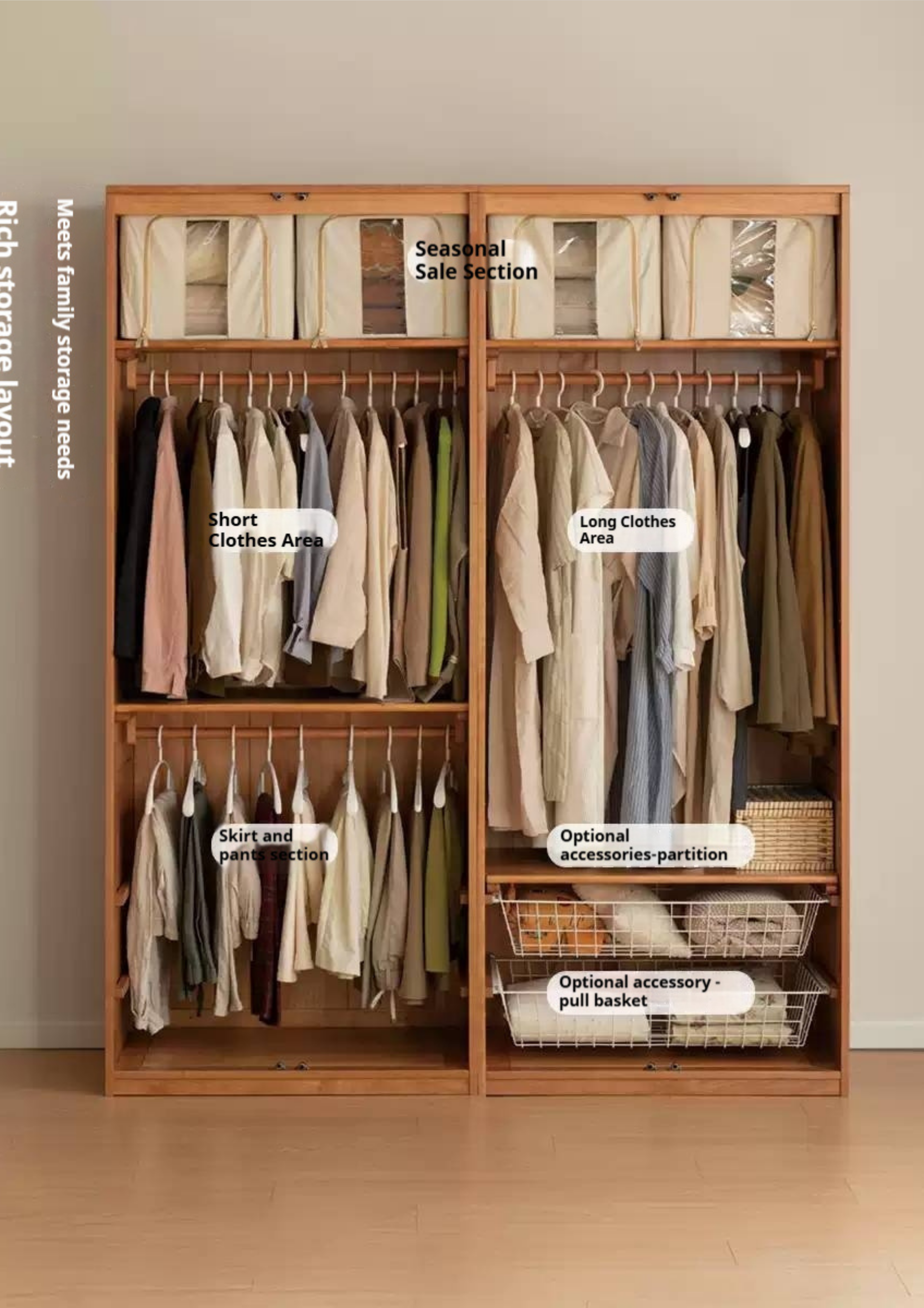 Cherry Solid Wood Retro Rattan Wardrobe