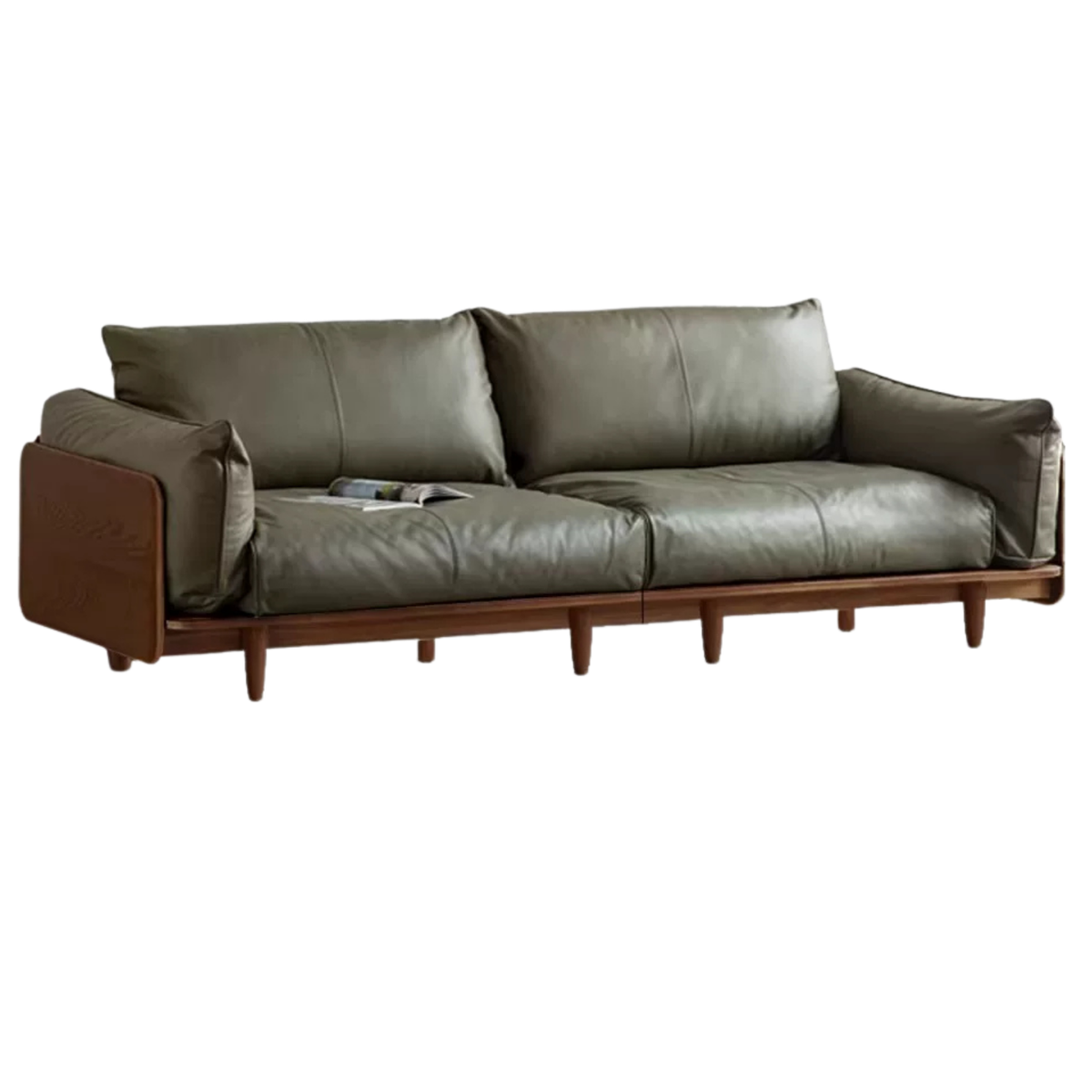 Oak, Ash Solid Wood Sofa with Exposed Wide Arms, High-Back, Genuine leather -fabric