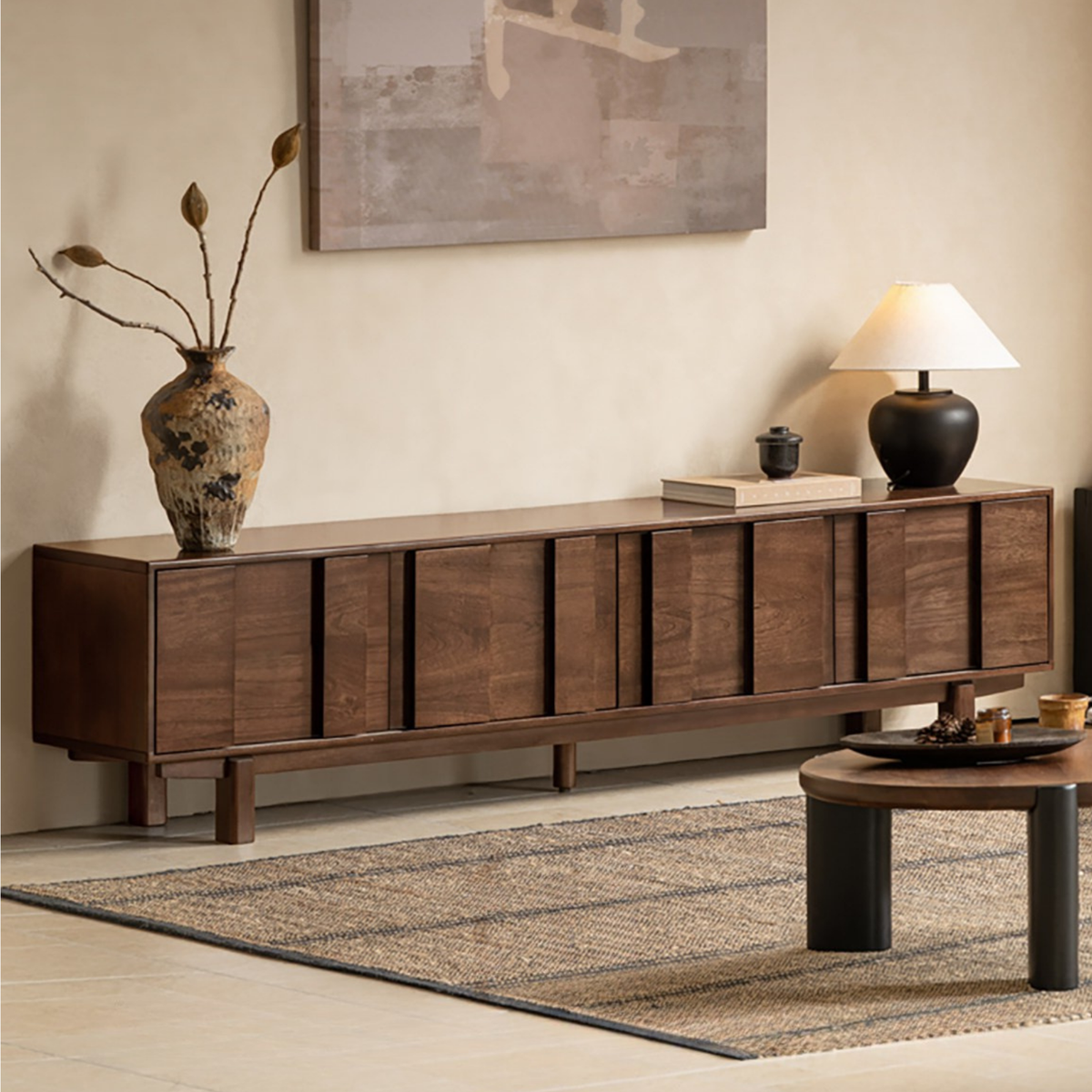 Sandalwood Solid Wood Fluted TV Console with Recessed Handles