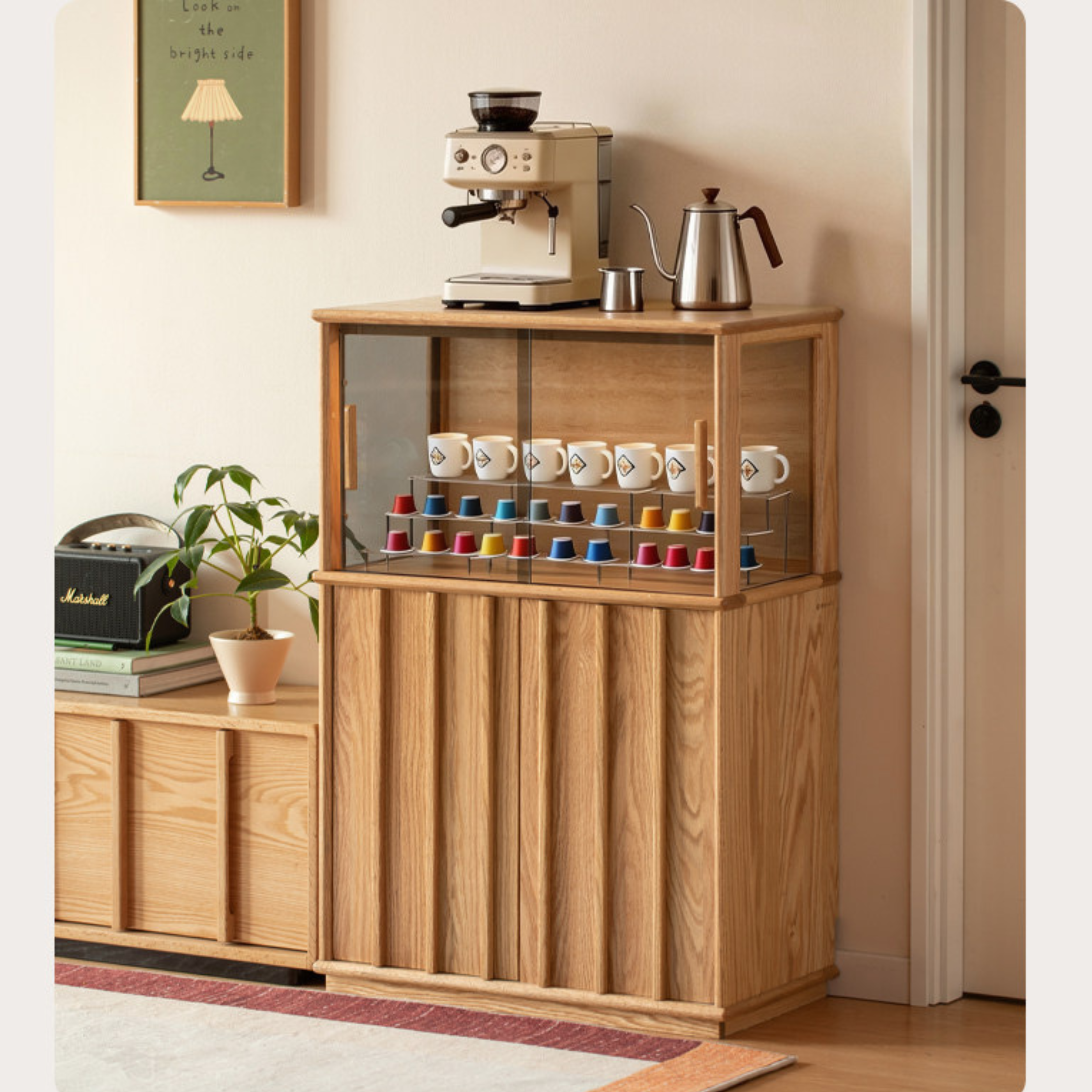 Oak Solid Wood Lighted Display Cabinet with Glass Door and Fluted Wood Panels