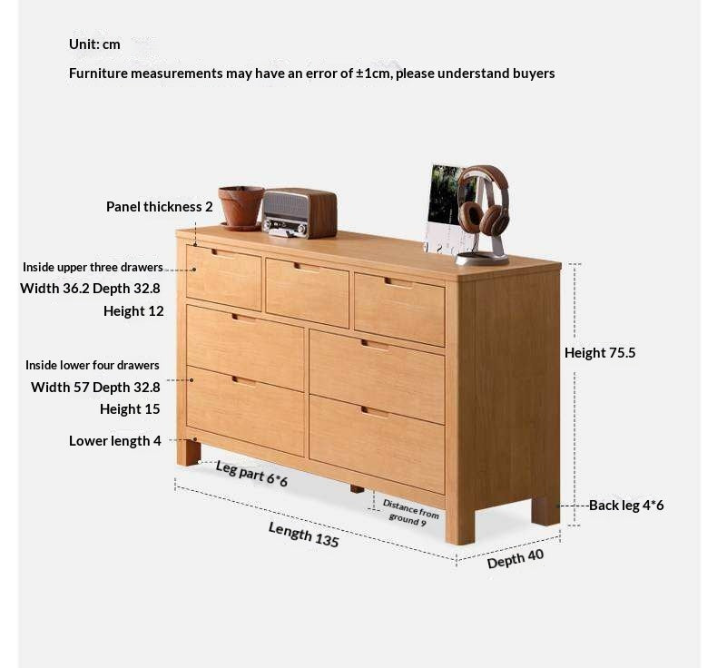 Solid Rubberwood Chest of Drawers with Seven Drawers in Modern Minimalist Style