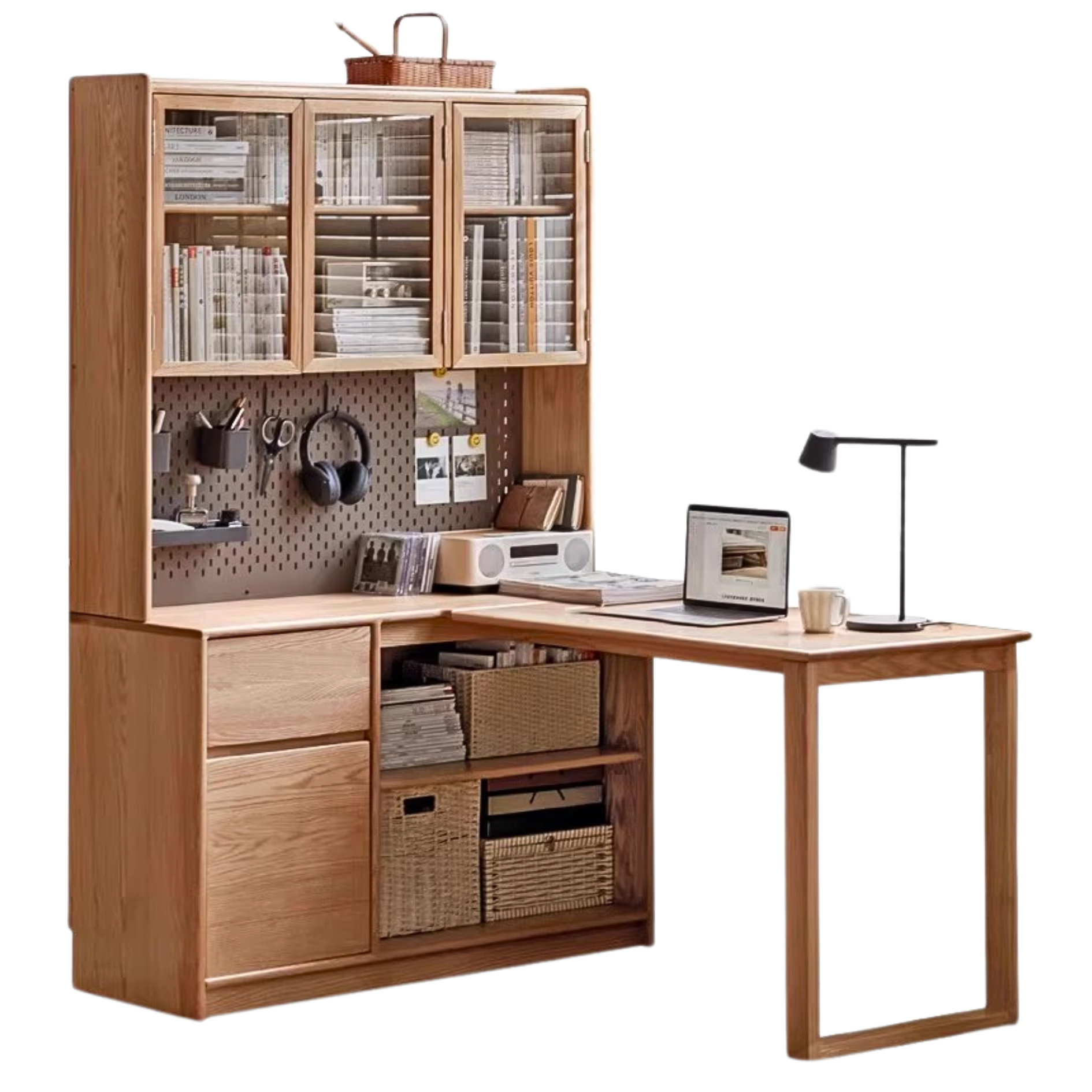 Oak Solid Wood Desk Bookcase Integrated Corner Office Table