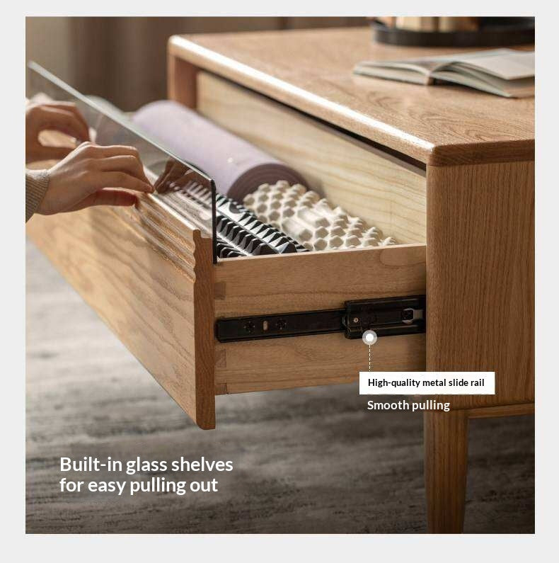 Oak Solid Wood Coffee Table with Integrated Drawer Storage