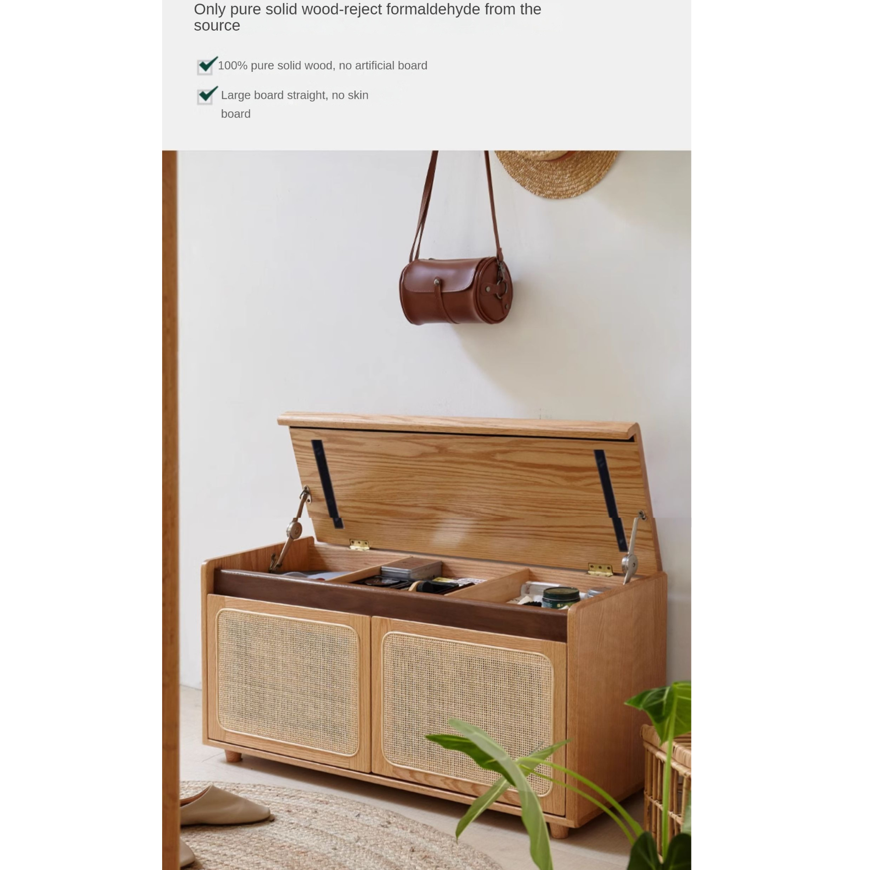 Oak Solid Wood Rattan Shoe Storage Bench