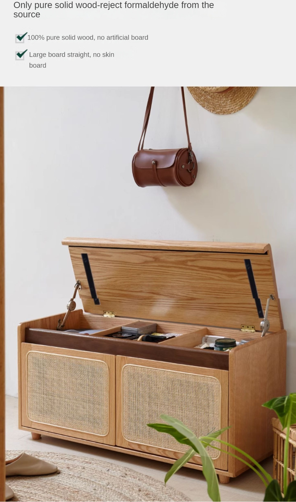 Oak Solid Wood Rattan Shoe Storage Bench