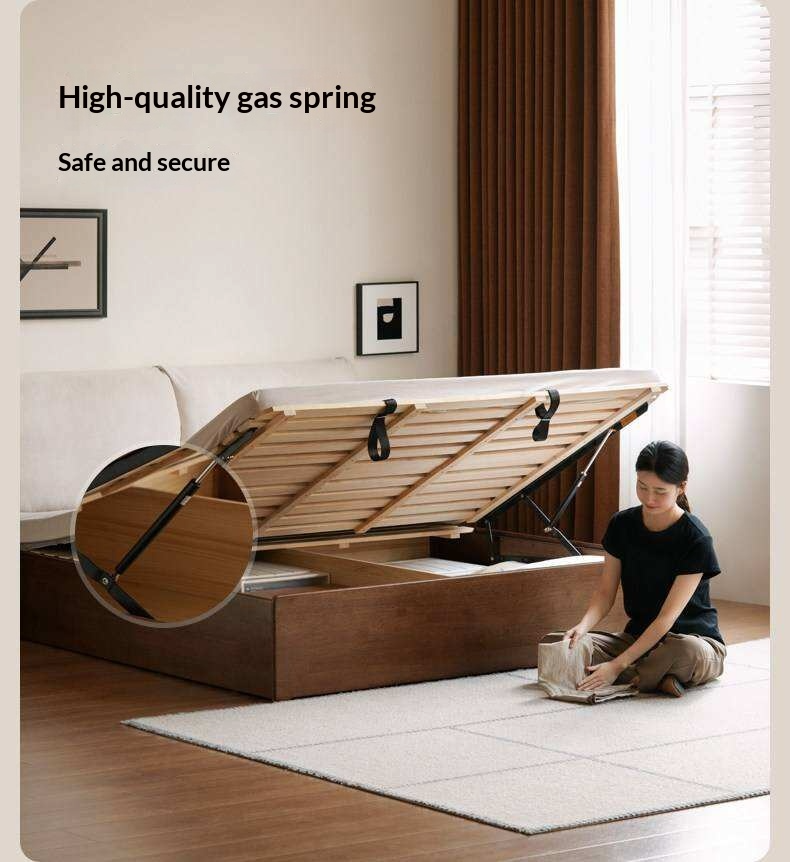 Rubberwood Solid Wood Storage Bed with Lift-Up Platform and Oversized Cushioned Headboard