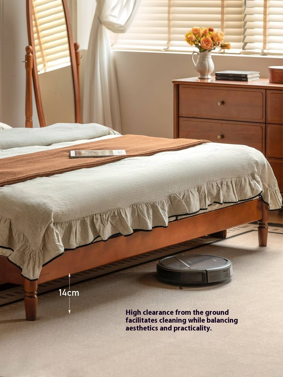 Poplar Solid Wood Bed – French Retro Design with Soft Fabric Upholstery