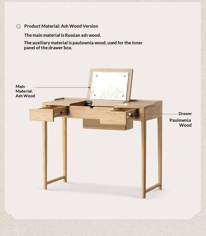 Ash Solid Wood Small Flip Vanity Table.