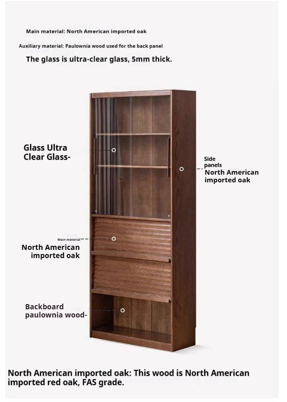 Oak Solid Wood Bookshelf with Dustproof Display Cabinet Storage