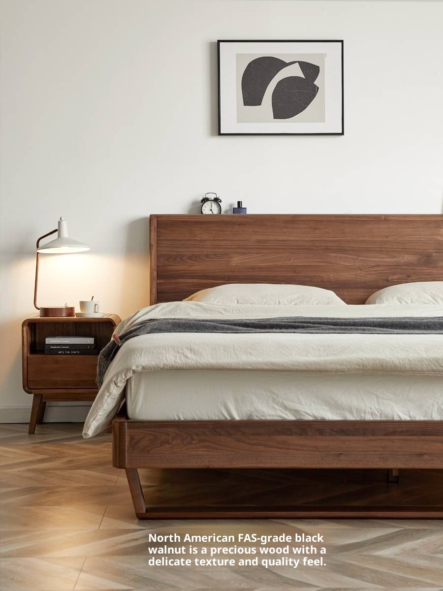 Black Walnut Solid Wood suspended bed with Ambient LED Headboard Lighting