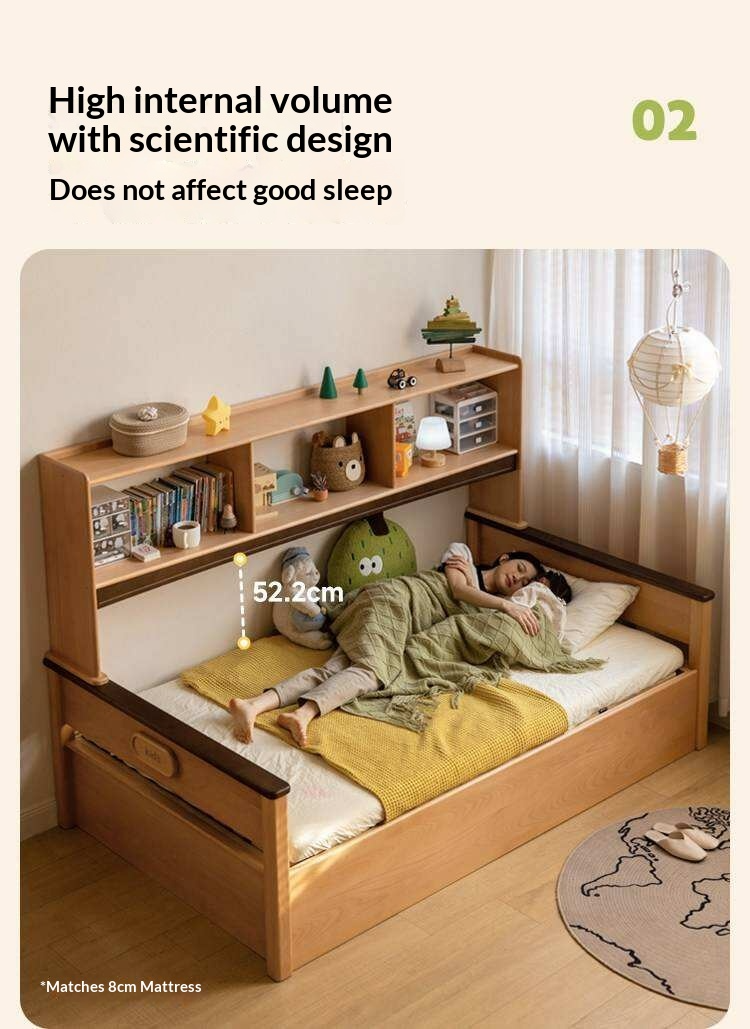 Beech Solid Wood Kids Storage Bed with Bookcase Headboard and Gas Lift Base