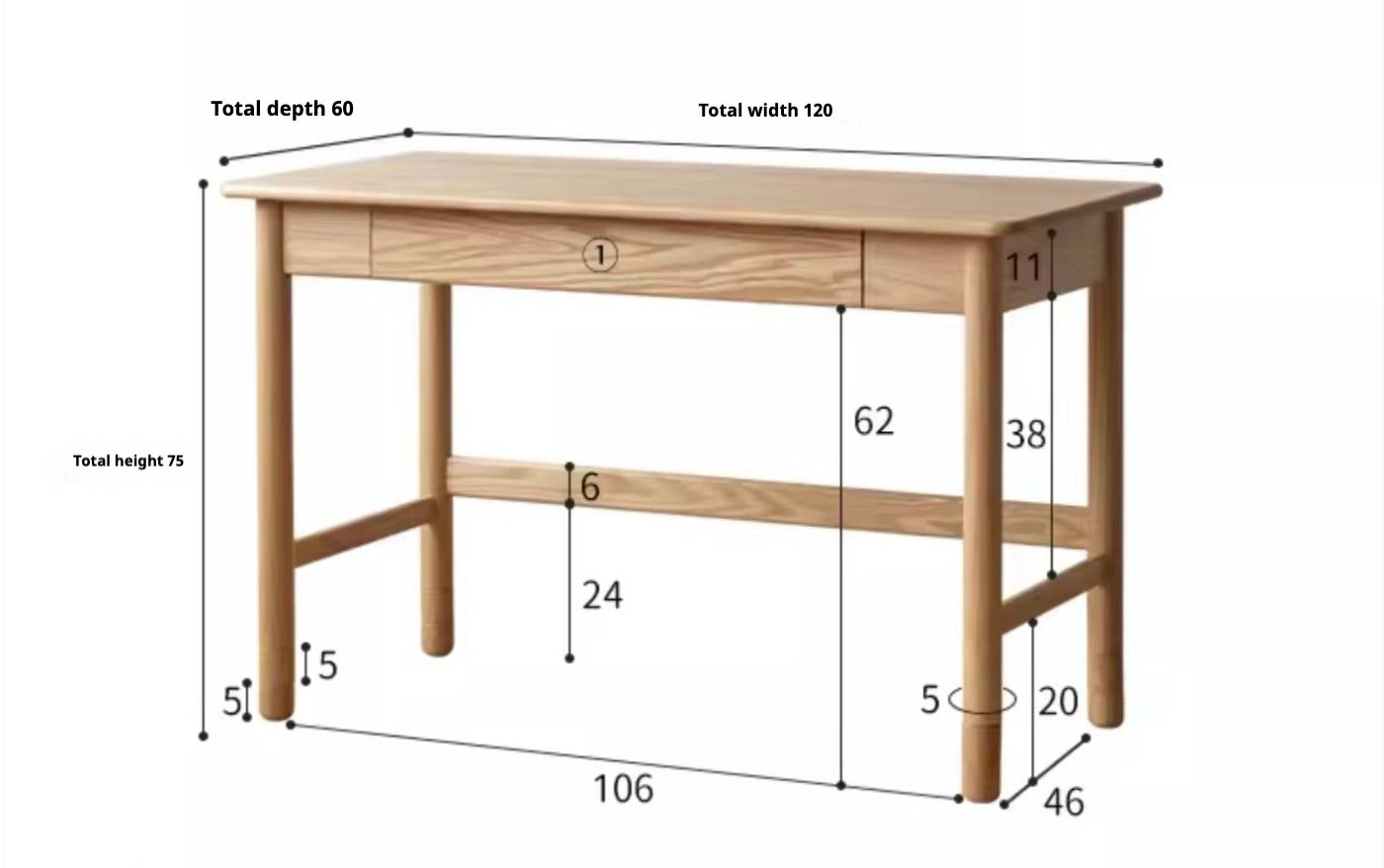 Oak Solid Wood Lifting Study Table Narrow Kids Desk