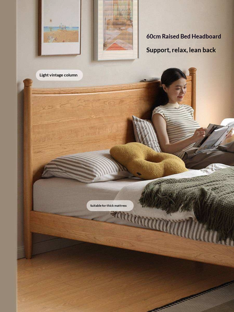 Cherry Solid Wood Nordic Platform Bed with Curved Panel Headboard
