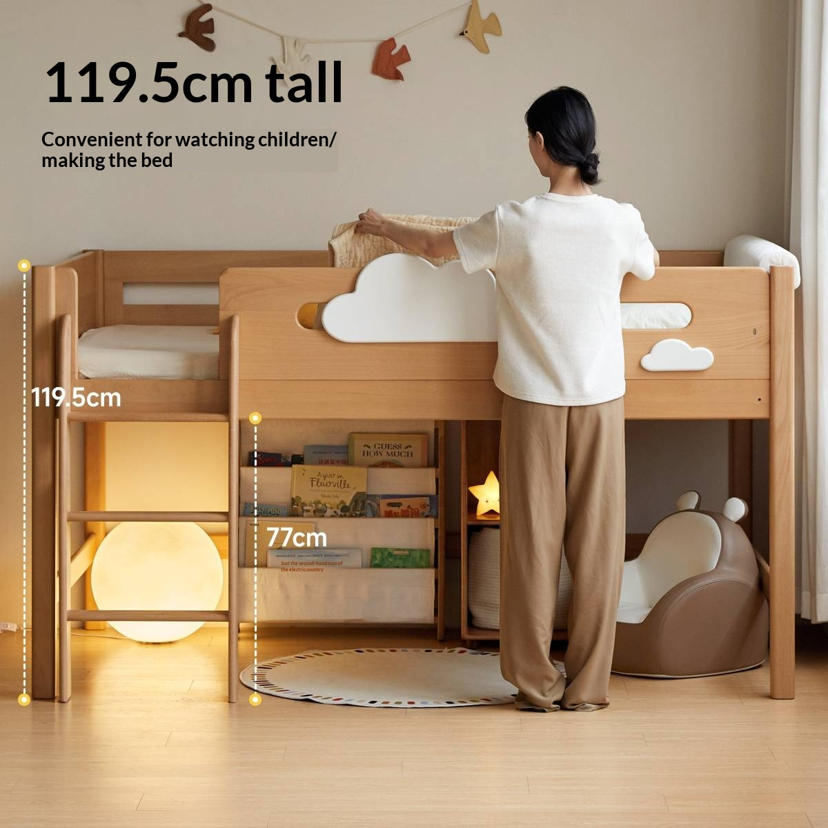 Beech Solid Wood Children's Loft Bed with Under-Table and Storage