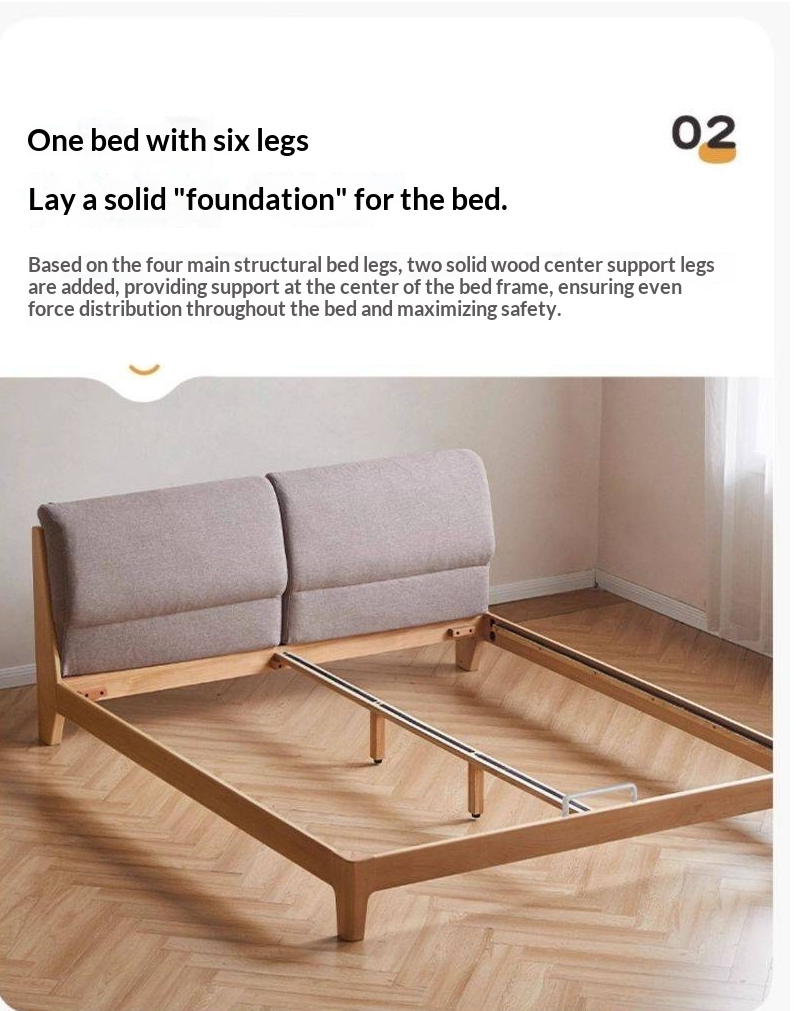 Beech Solid Wood Upholstered King Bed — Soft Headboard with Fabric Upholstery