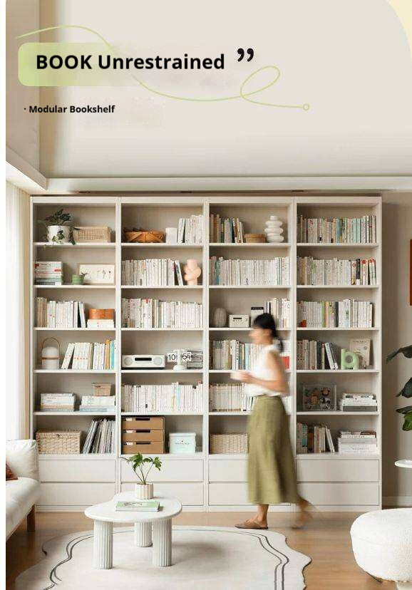 Solid Rubberwood Bookshelf Wall-To-Ceiling Shelf White Cream Style