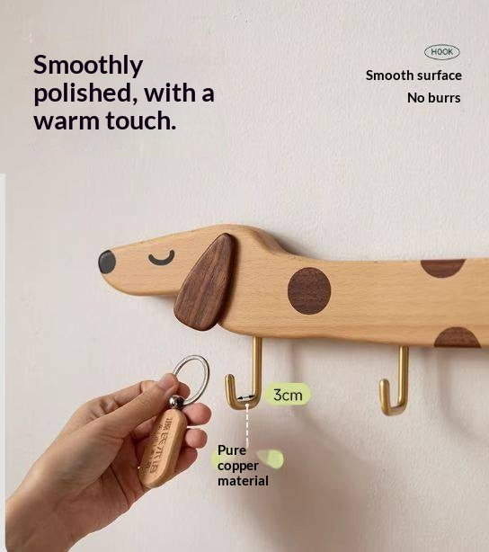 Beech, Black Walnut Solid Wood Puppy-Shaped Wall Hook with Cute Cartoon Design