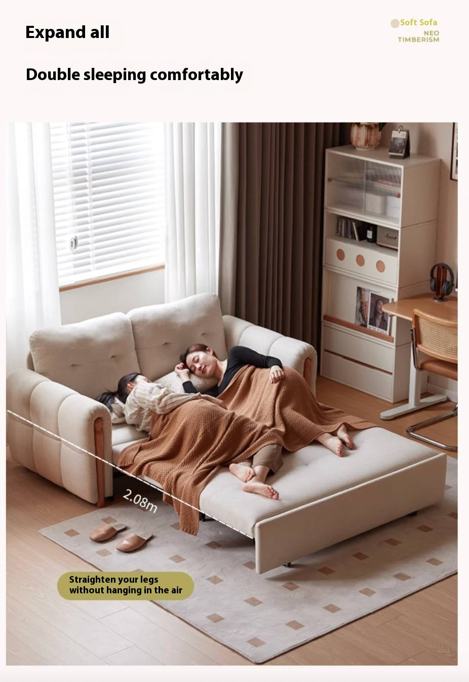 Fabric retractable sofa bed white cream style dual-purpose
