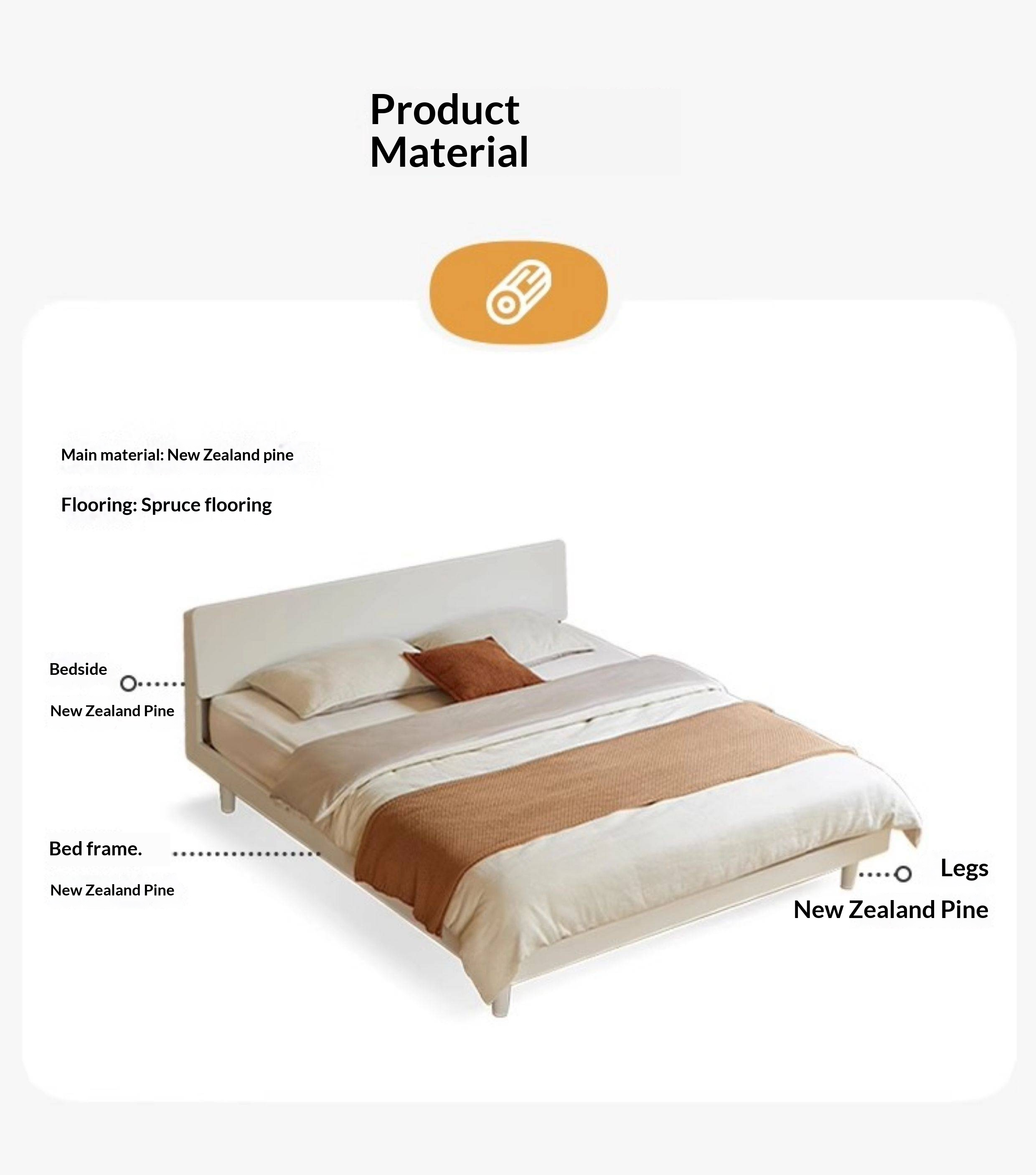 Pine Solid Wood Bed — Modern Minimalist Style with Creamy Design and Night Light