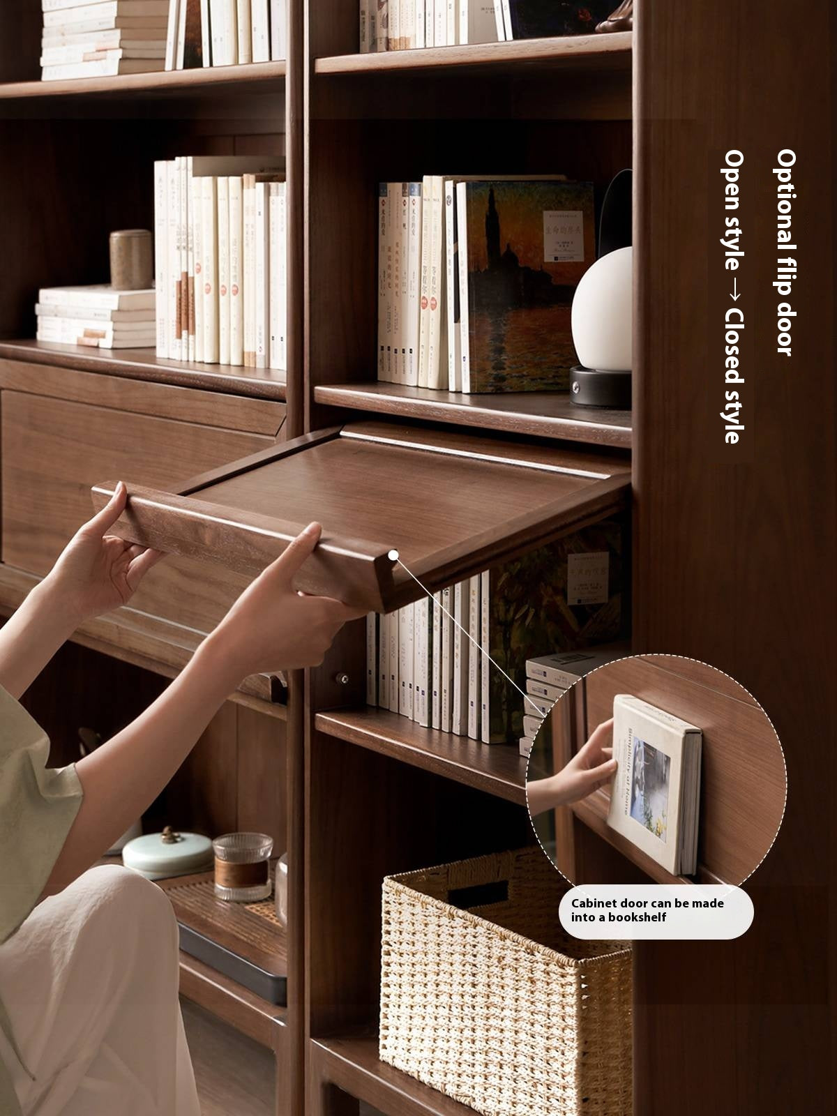 Black Walnut, Oak Solid Wood Nordic Bookcase with Glass Door