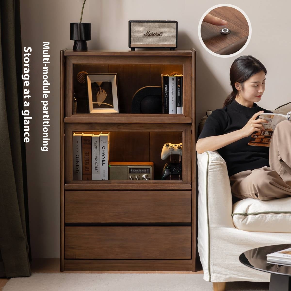 Black Walnut, Solid Longan Hardwood, Ash Solid Wood Modern Style Side Cabinet.