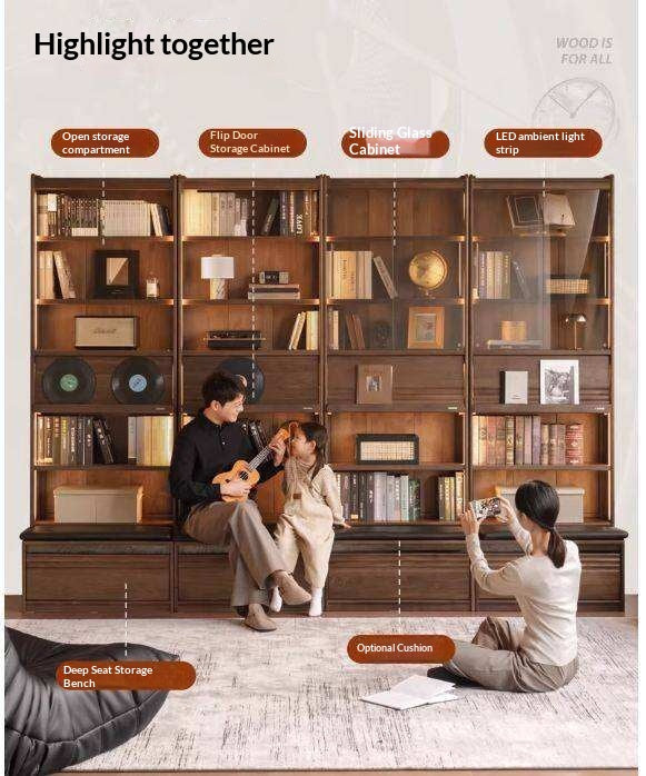 Black Walnut Solid Wood Integrated Wall Bookcase with Floor Display