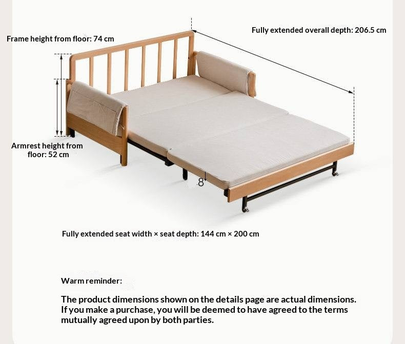 Beech Solid Wood Sleeper Sofa with Pull-Out Bed and Slatted Wood Armrests
