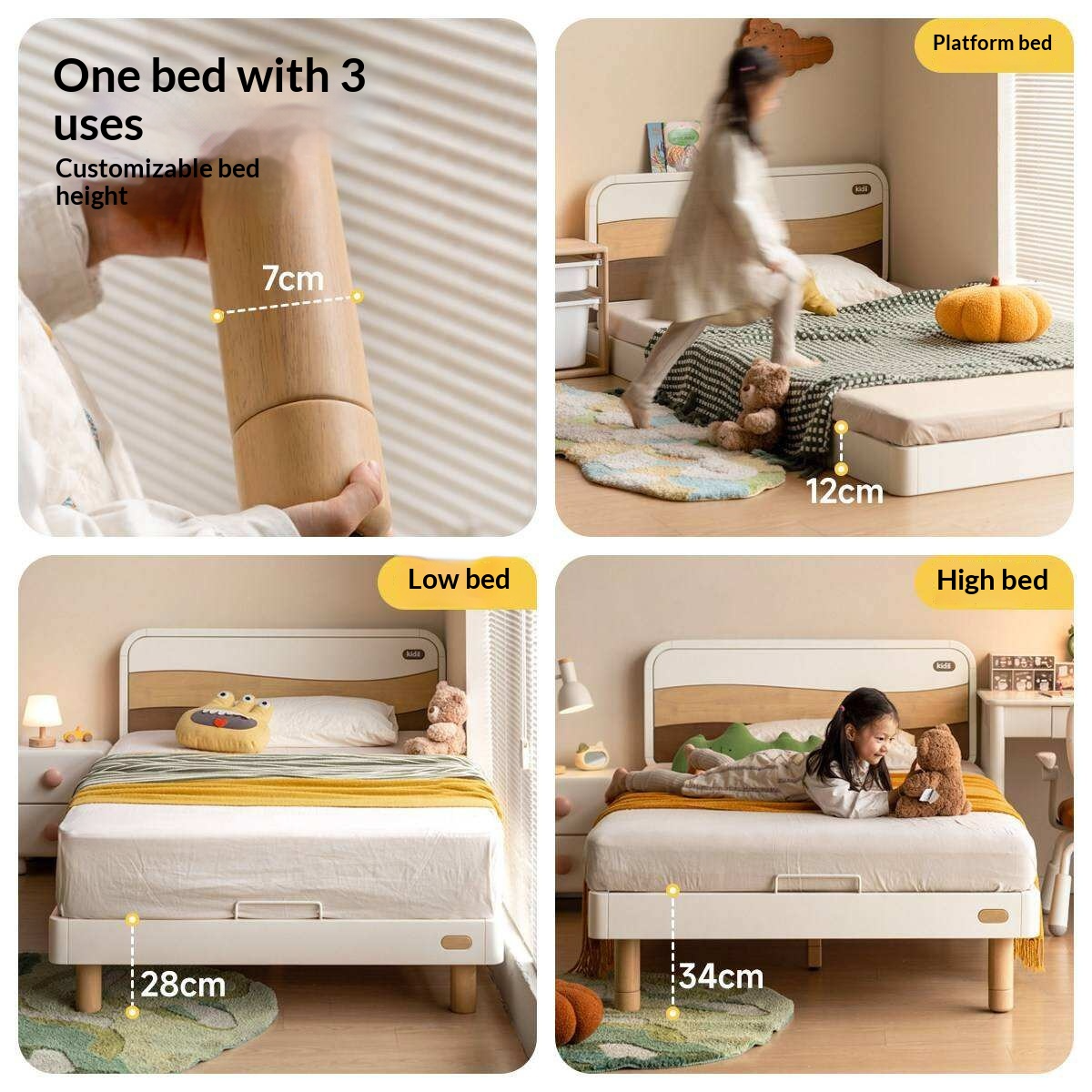 Rubberwood Solid Wood Kids Montessori Platform Bed with Adjustable Headboard, Warm White