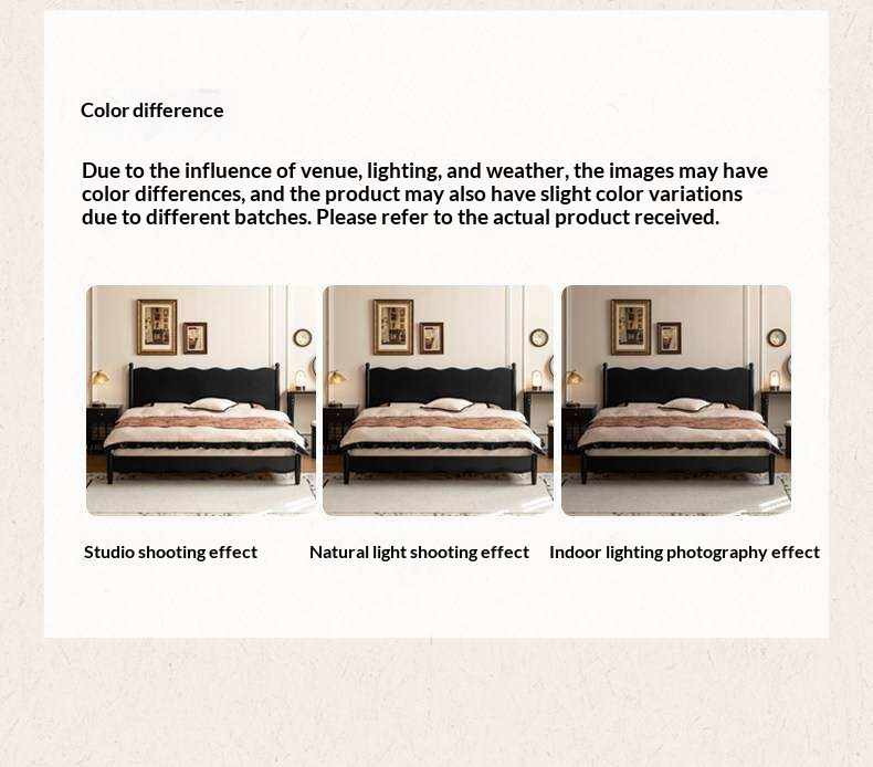 Rubberwood Solid Wood French Style Bed with Black Carved Headboard and Elegant Curved Frame