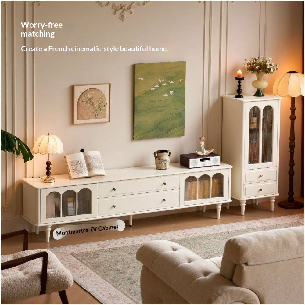 Solid RubberWood French Accent Cabinet with Round Arch Glass Doors and Turned Legs
