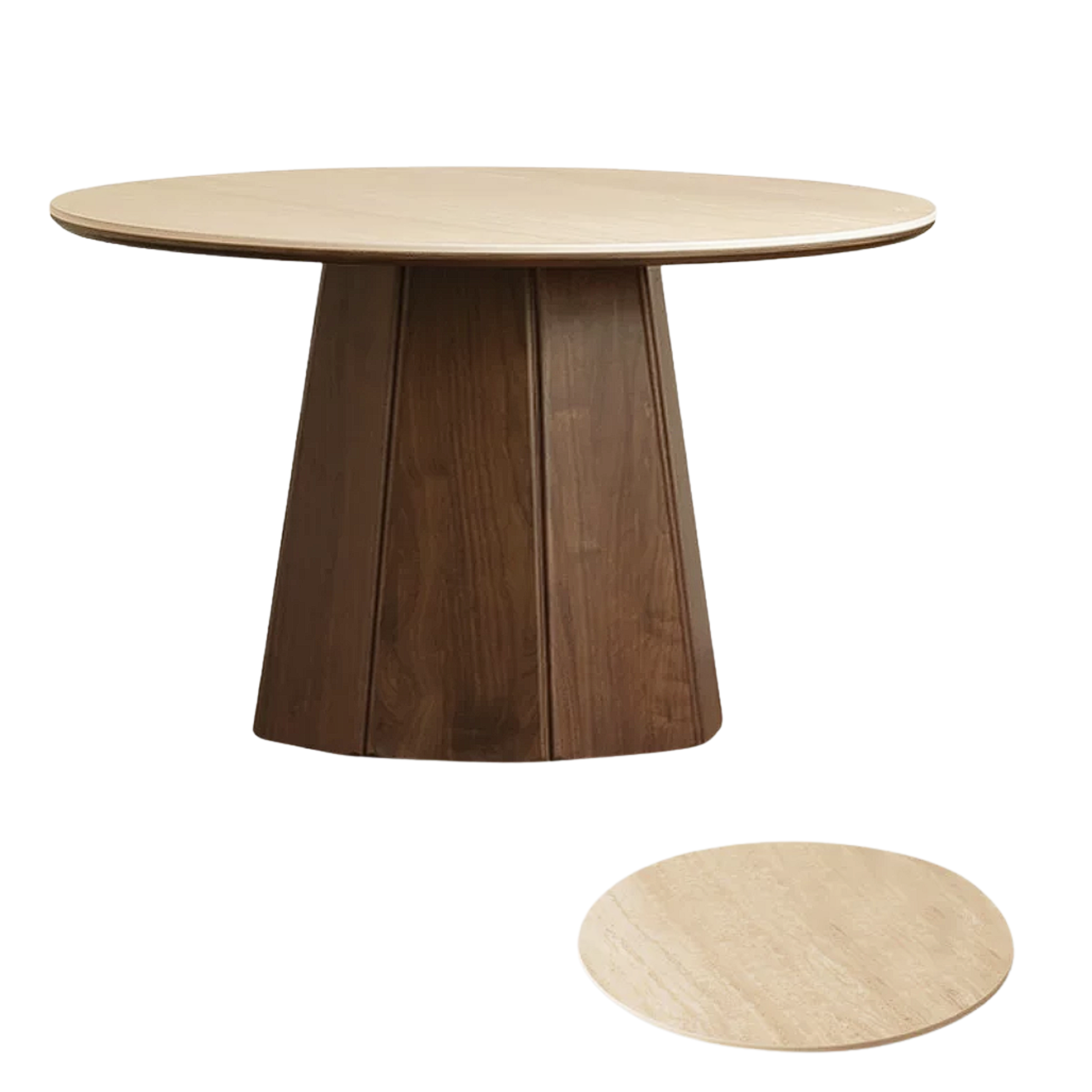 Black Walnut, Ash, Golden Pearwood Solid Wood Round Dining Table with Fluted Cone Pedestal Base