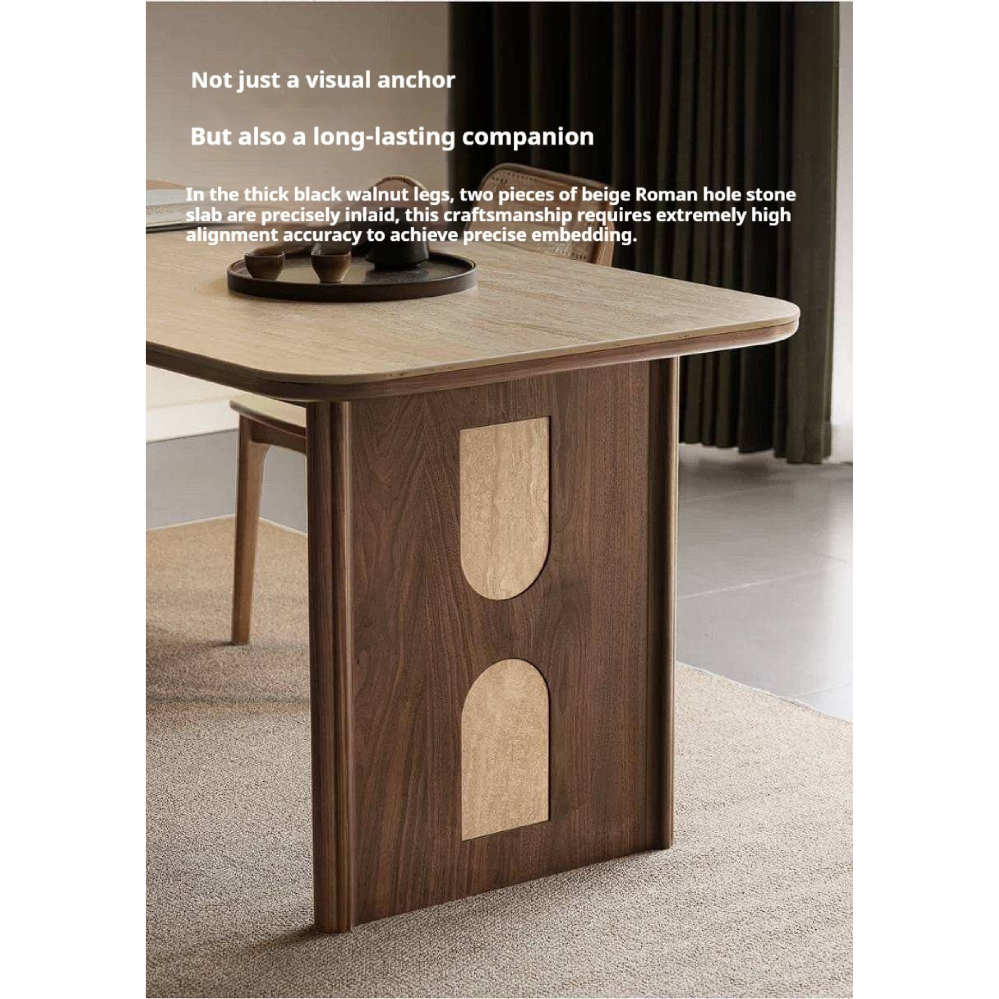 Black Walnut, Golden Sandalwood Solid Wood Dining Table with Arched Cutout Panel Legs and Two-Tone Inlay