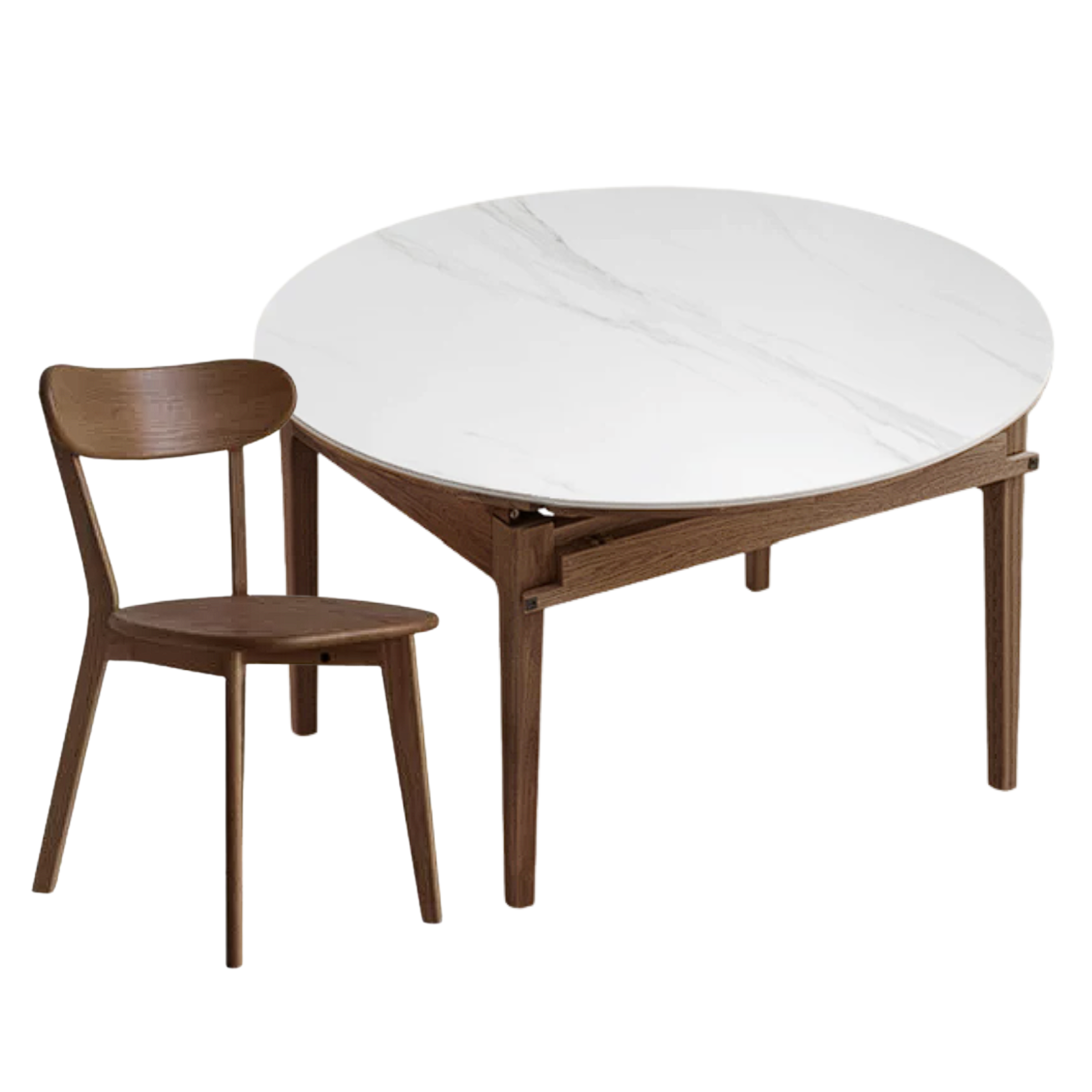 Oak, Solid Rubberwood Round Folding Dining Table With Rock Slab Surface